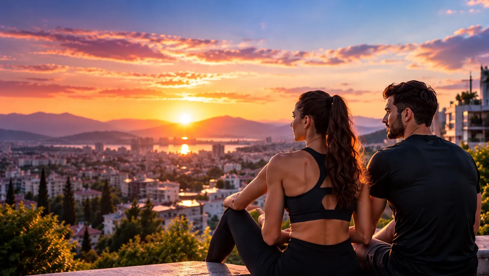 Un couple de sportifs, assis, qui contemple la ville au coucher du soleil.