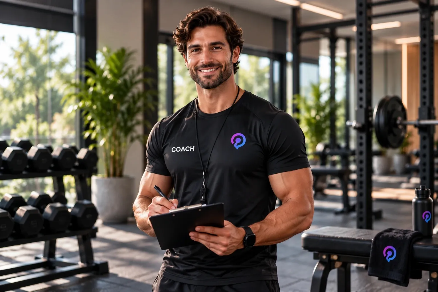 Un coach souriant, planchette à la main, dans une salle de sport.