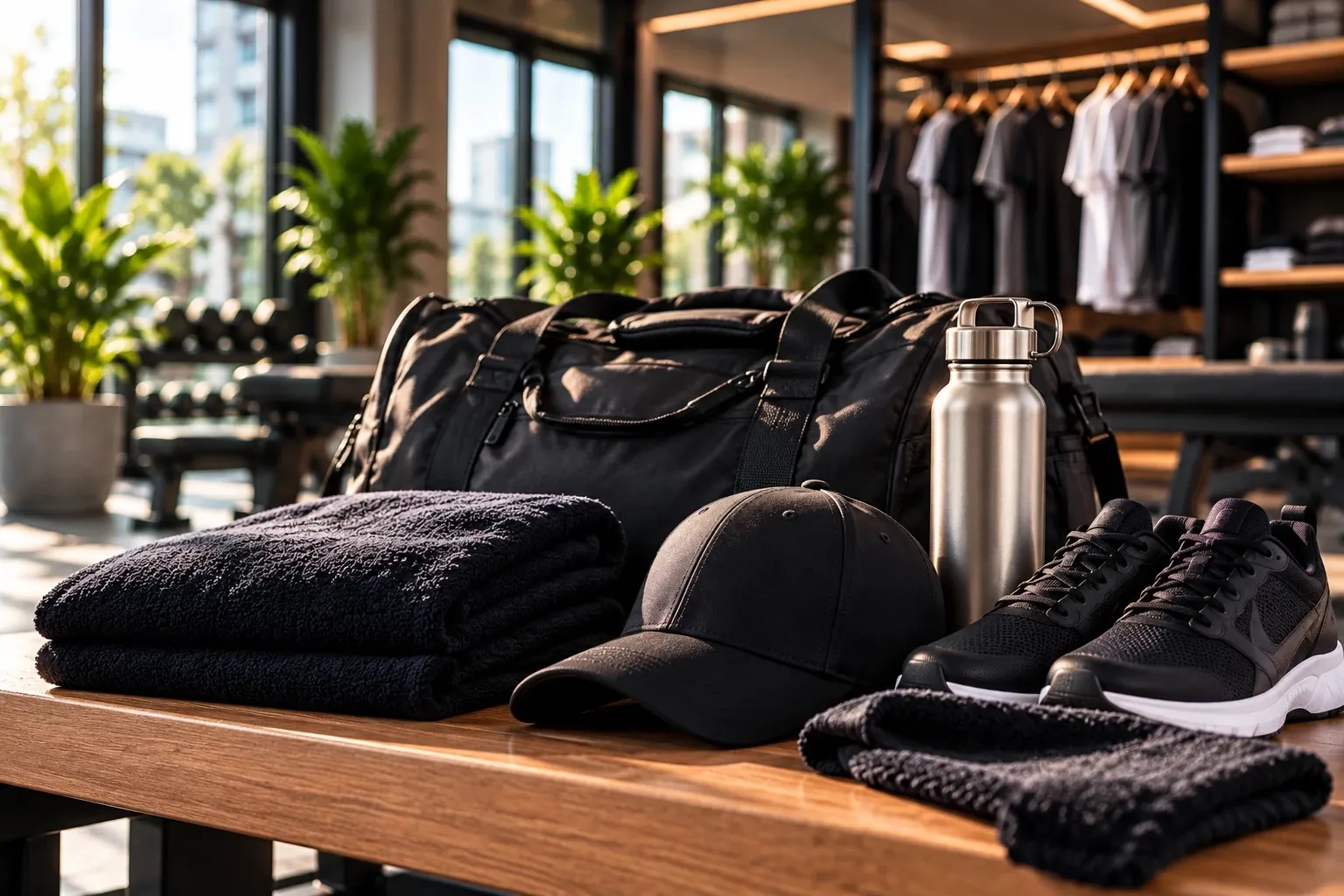 Sac de sport, casquette, gourde et chaussures de sport posés sur un banc.