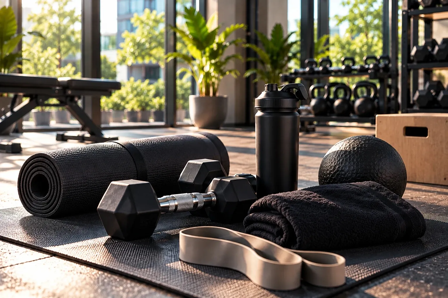 Tapis de yoga, haltère et serviette prêts pour une séance de sport.