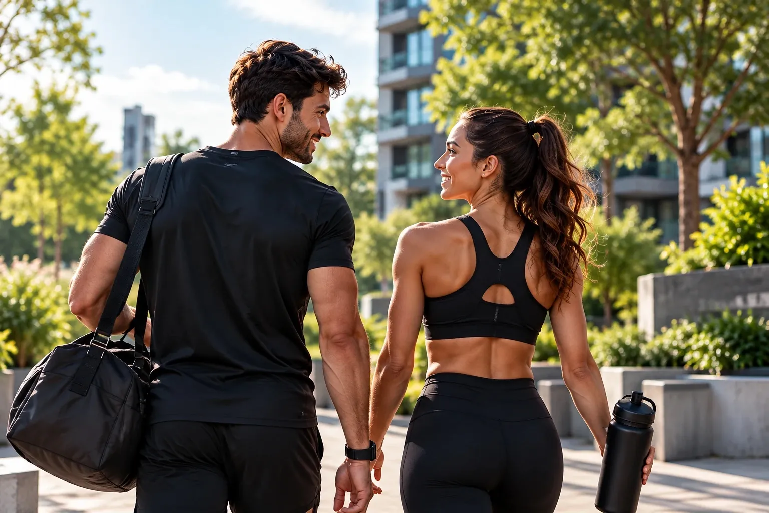 Deux sportifs qui marchent ensemble, sac de sport et gourde à la main.
