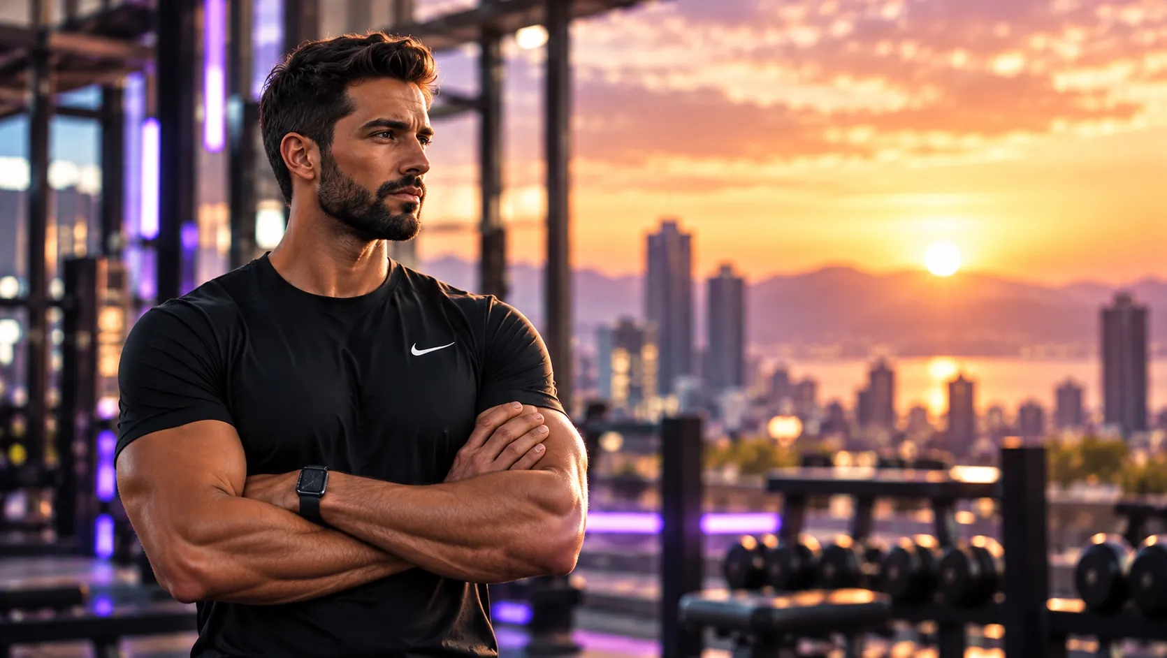 Un coach sportif, bras croisés, face à une ville au coucher du soleil.