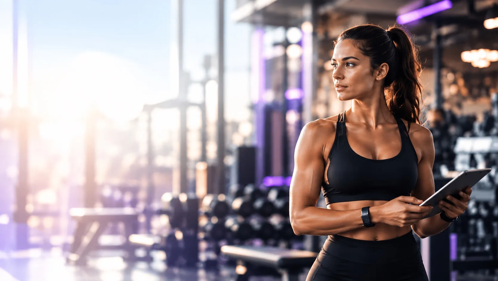 Une coach sportive, tablette à la main, dans une salle de sport moderne.