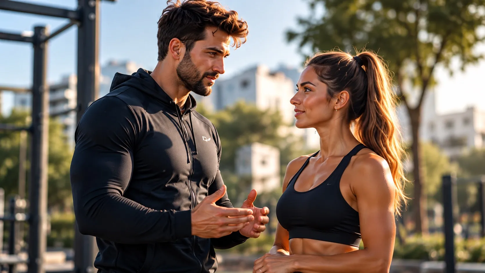 Un coach sportif échange avec une cliente lors d'une séance en extérieur.