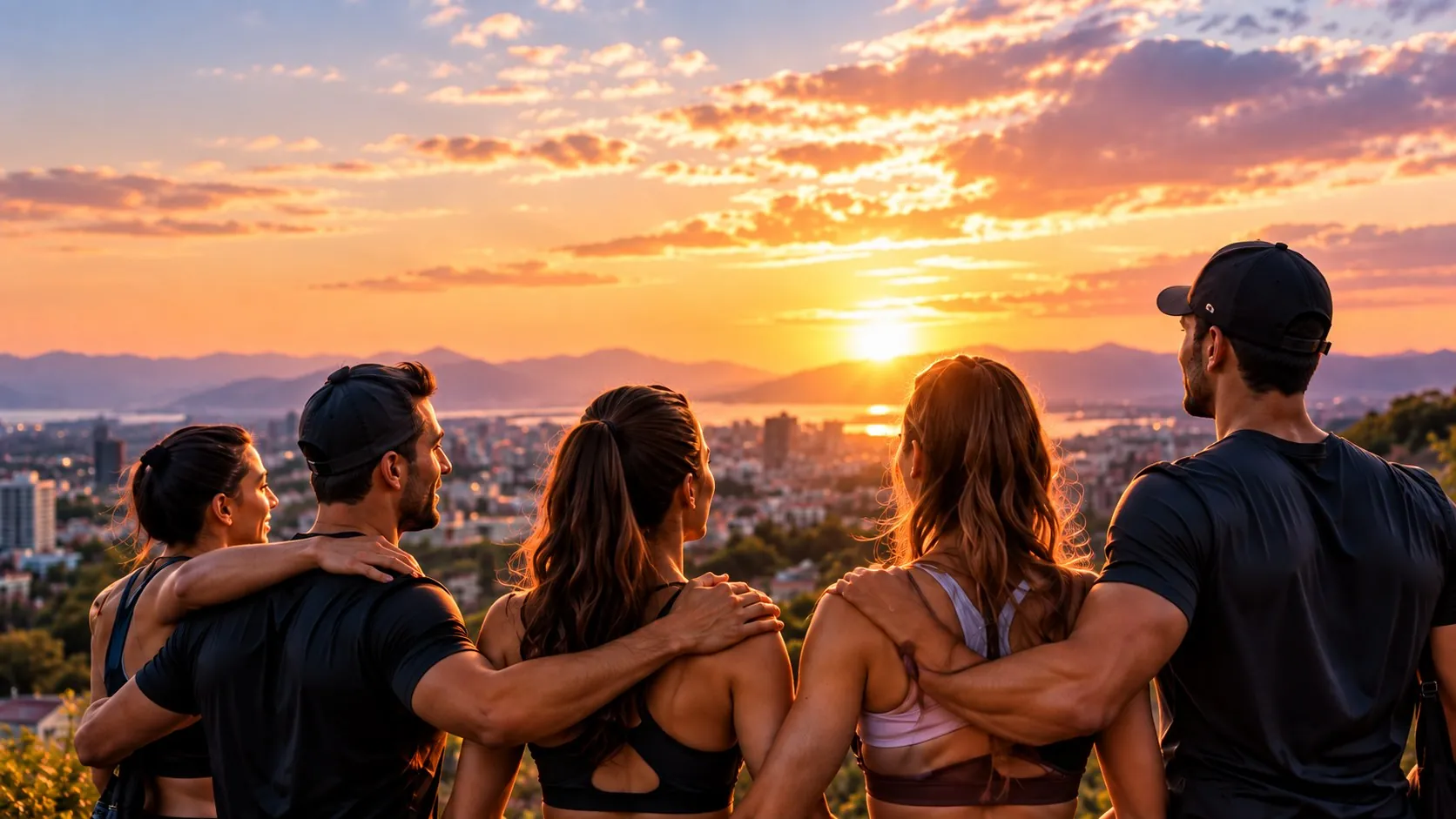 Un groupe de cinq sportifs, de dos, bras sur les épaules, qui contemplent un coucher de soleil sur la ville.