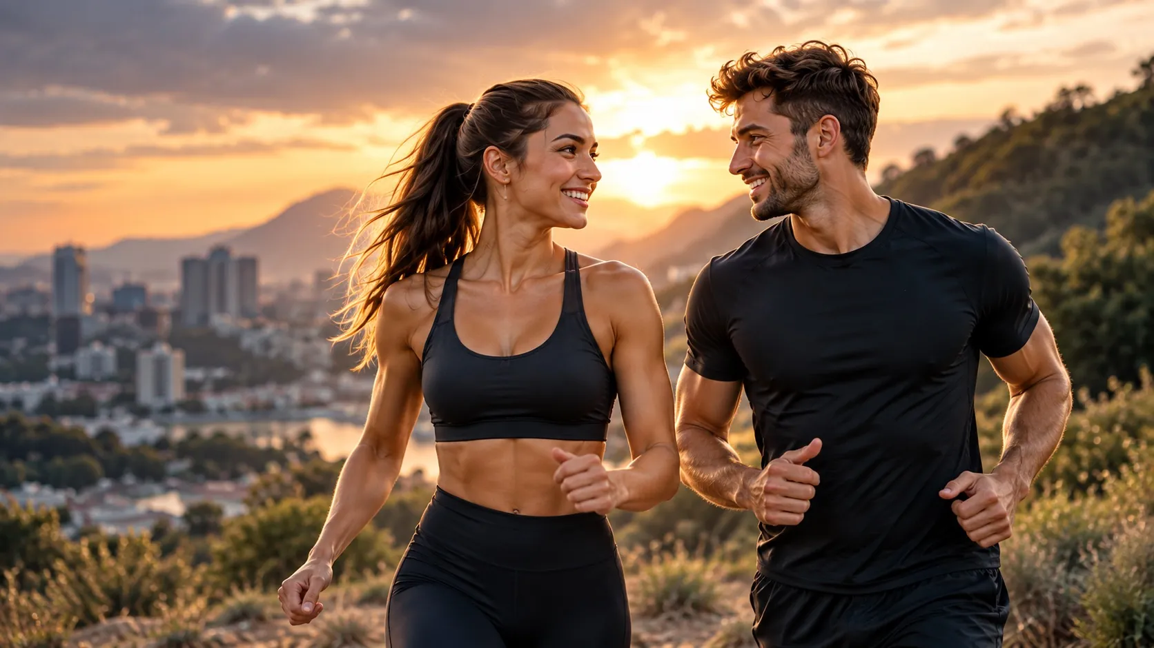 Un homme et une femme qui courent ensemble en extérieur au coucher du soleil.