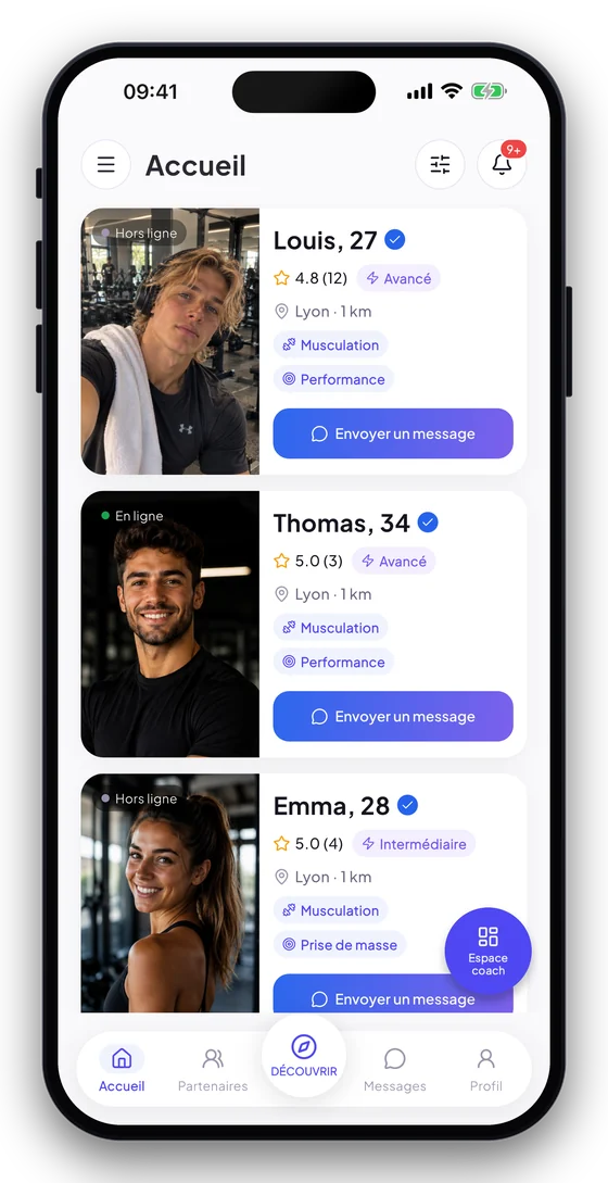 Écran d’accueil de l’application PartnerProgress, avec les profils de sportifs près de toi.