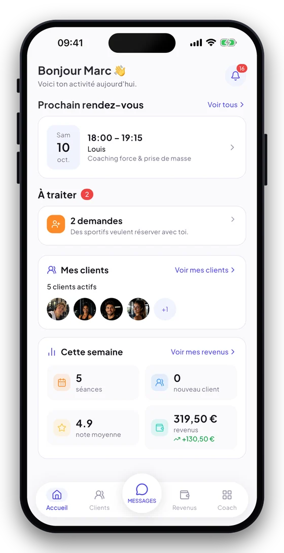 Accueil de l’espace coach : prochain rendez-vous, demandes à traiter, clients et chiffres de la semaine.