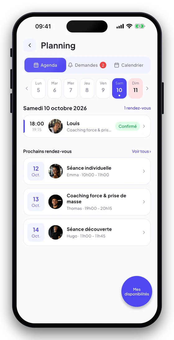 Planning du coach : agenda, demandes et calendrier des rendez-vous.