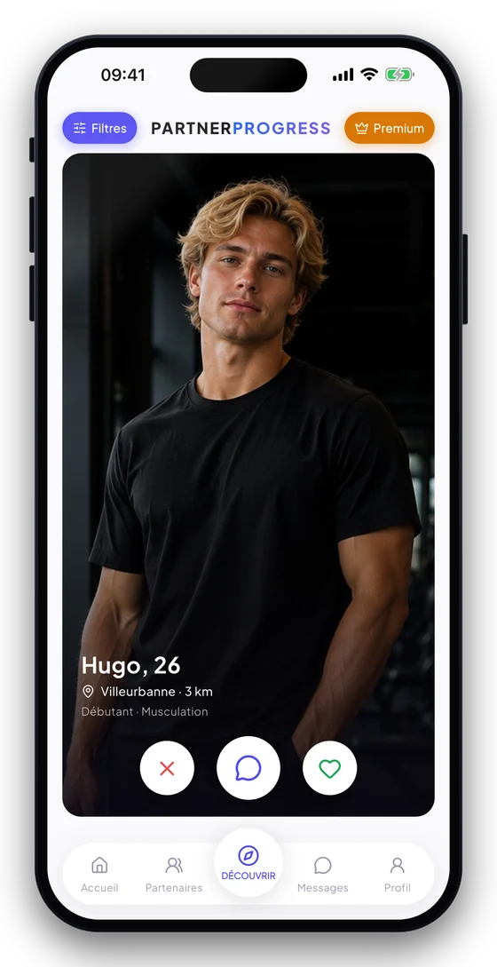 Écran Découvrir : un profil de sportif à swiper.