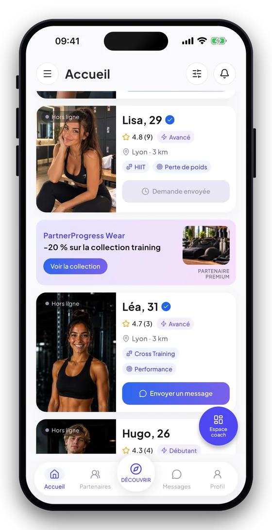 Accueil de l’application avec le bandeau d’une offre partenaire entre deux profils.