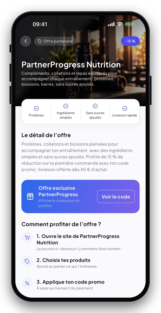 Fiche d’une offre partenaire : visuel, description, code promo et bouton vers le site de la marque.