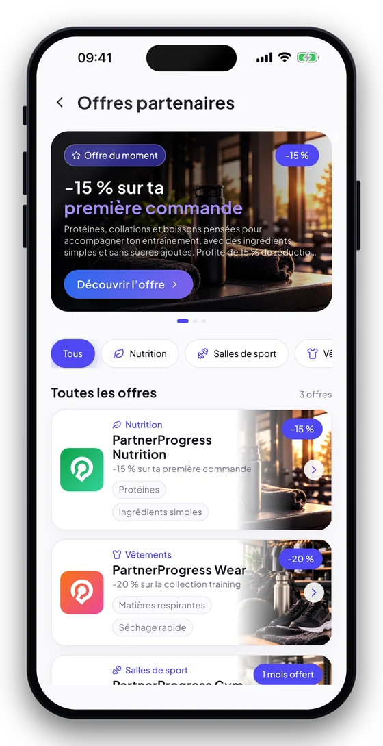 Liste des offres partenaires, avec l’offre du moment en tête.
