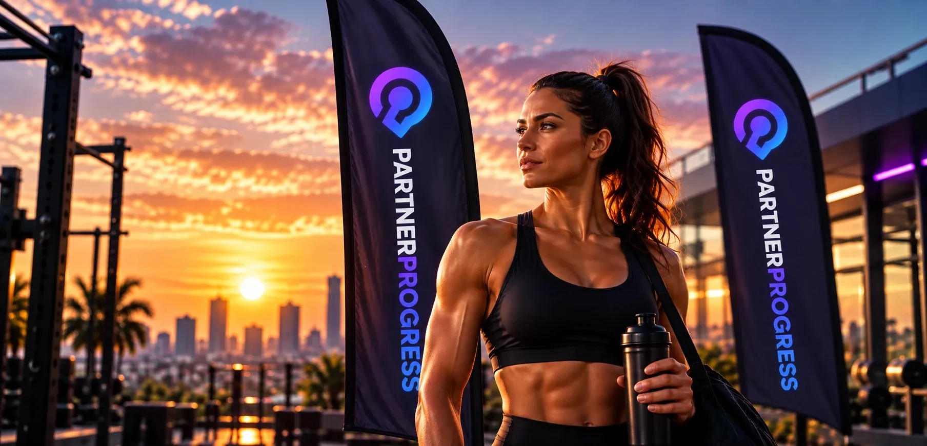 Une sportive devant des drapeaux PartnerProgress, sur un rooftop au coucher du soleil.