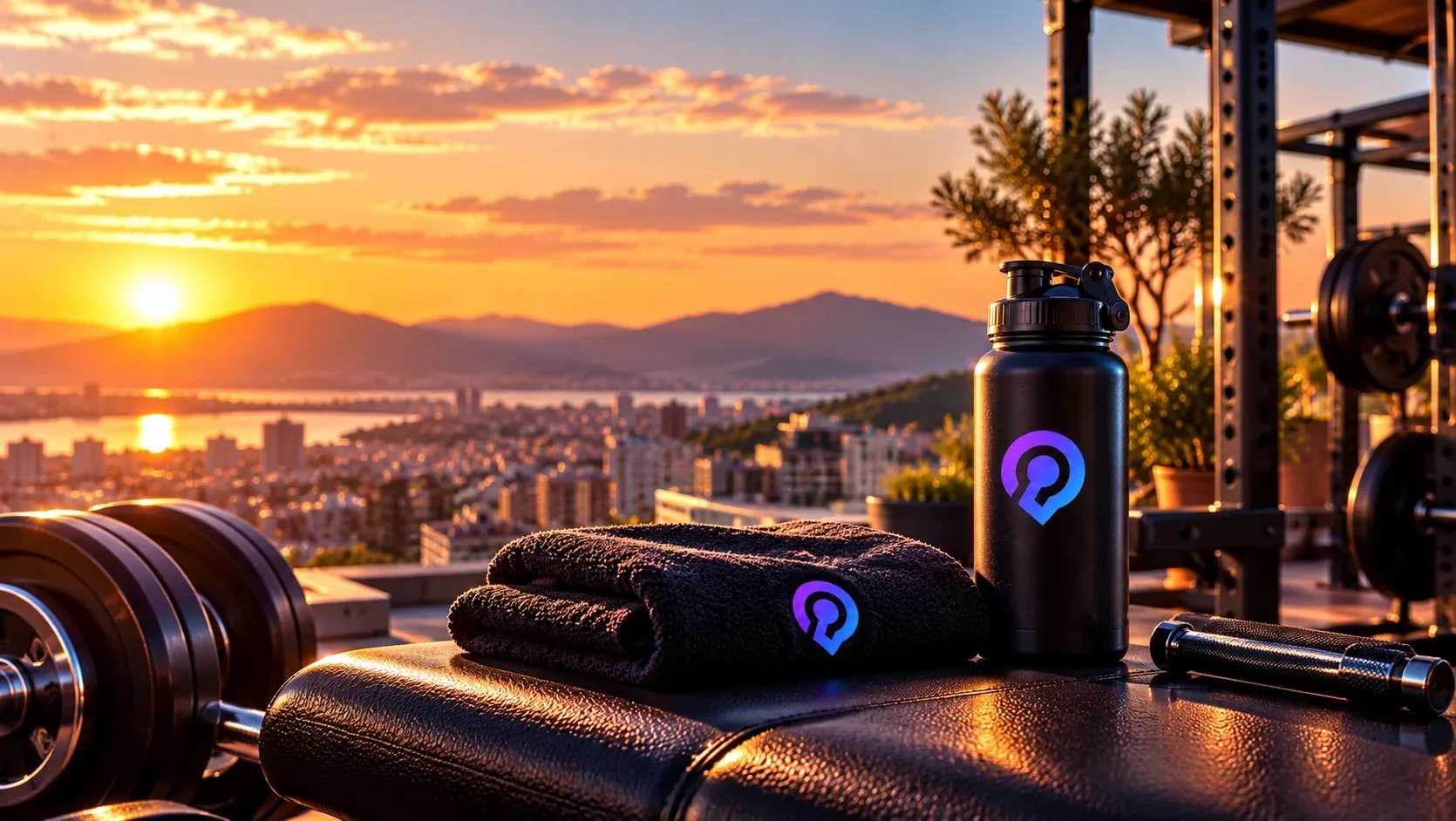 Serviette et gourde PartnerProgress posées sur un banc de musculation, sur un rooftop au coucher du soleil.